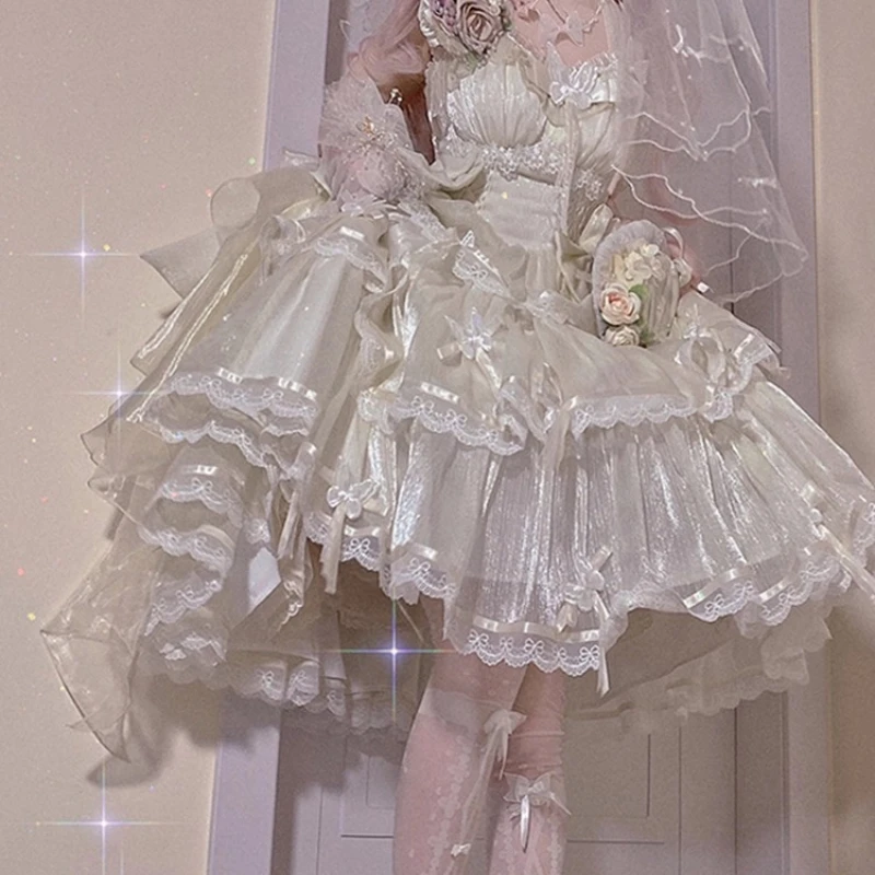 Sweet Lolita Kant Splitsen Korte Mouw Jarretel Prinses Jurken Meisjes Hoge Taille Mode Veelzijdige Leeftijdsreductie Taart Jurk