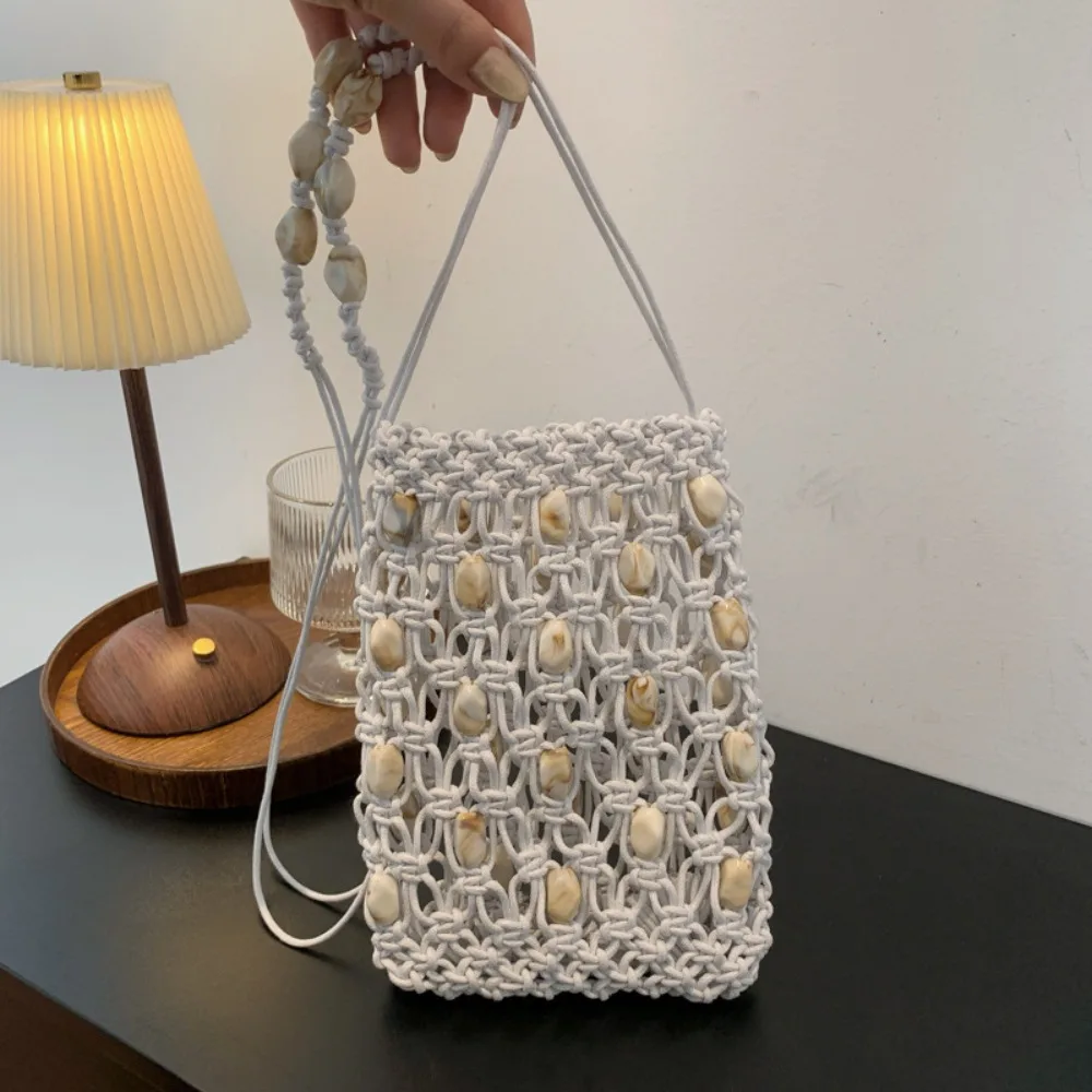 

Korean Style Beaded Woven Phone Bag Bohemian Handmade Beads Weave Crossbody Bag Braided Wax Rope Hollow Out Shoulder Bag Daily
