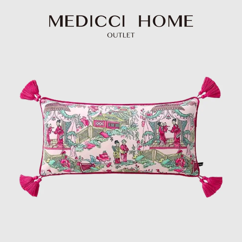 Medicci Home Anceint Asian Scenic Pattern In Pink Lumbar Pillow Cover Soft Velvet Luxury Rectangle Cushion Case Ready To Ship