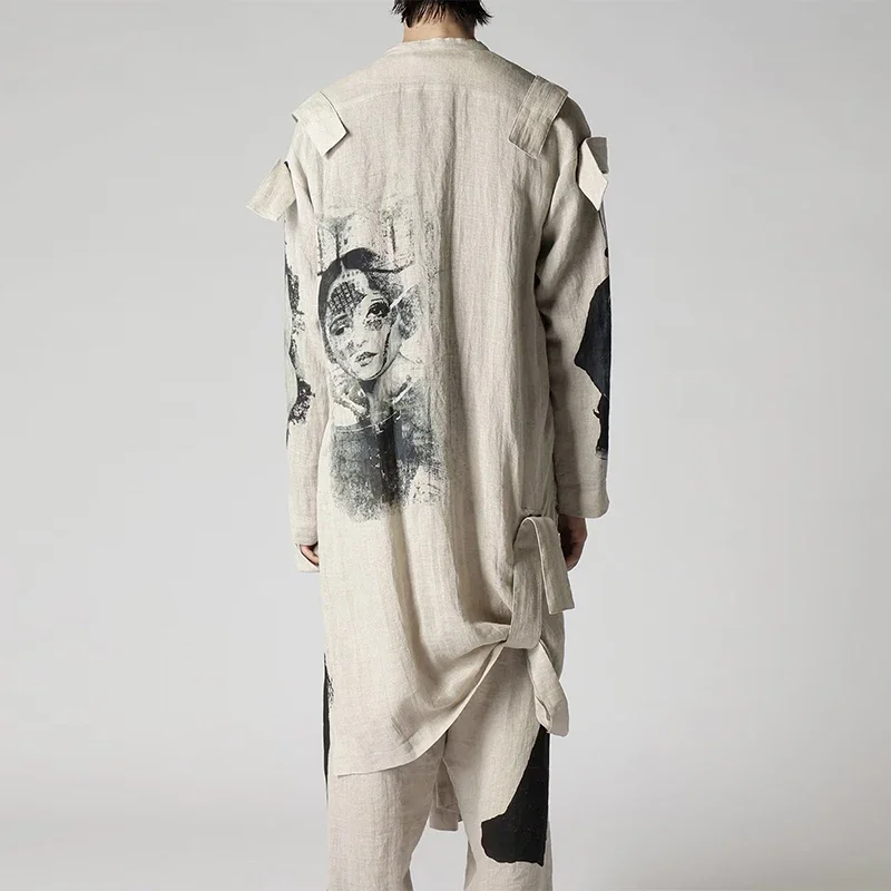 YOJI OOAK معطف سترة متأرجح غير متماثل بنمط مطبوع أصلي داكن وشارة كتف ومعطف بعقدة من القنب #4