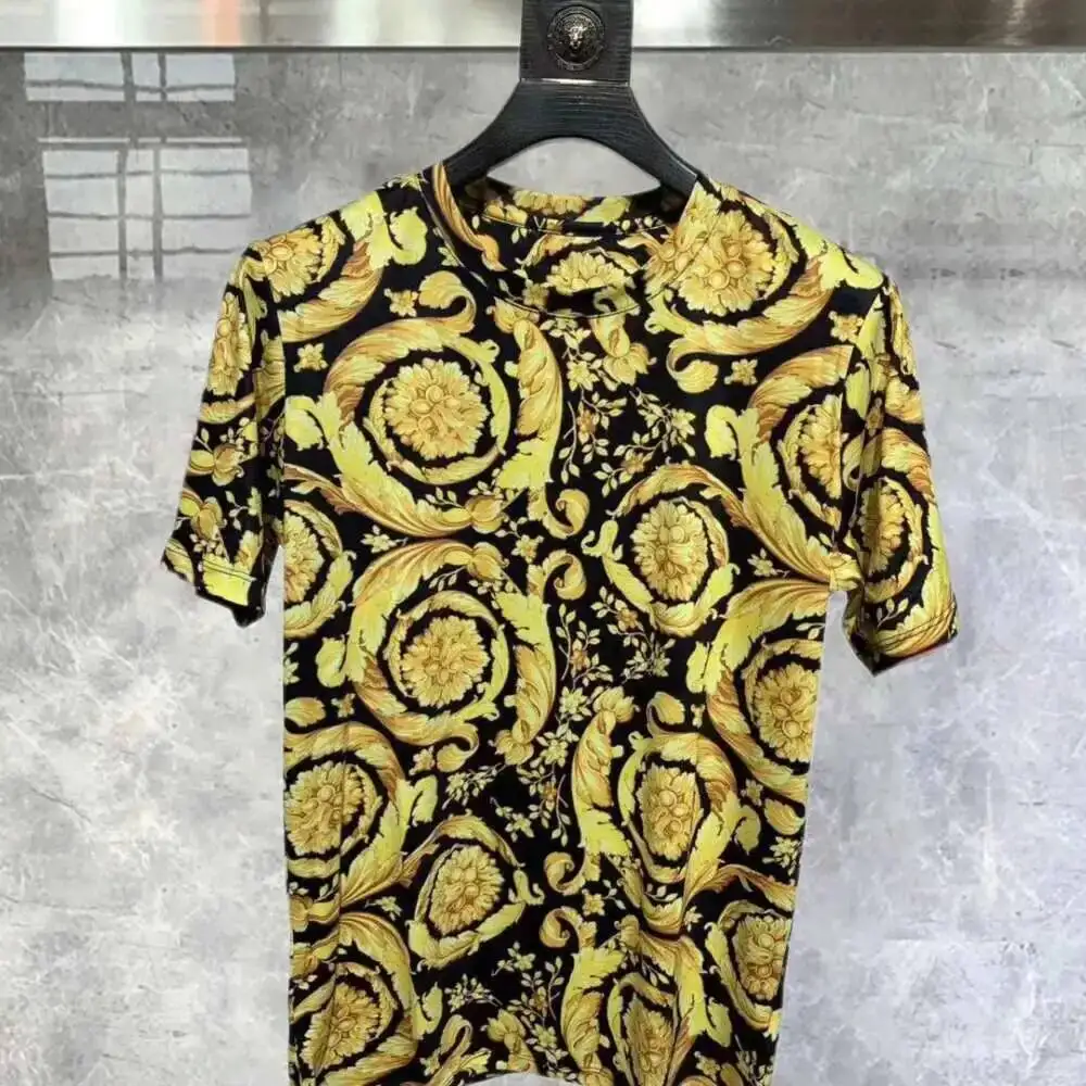 

Black Gold Flower Print Tee Shirt Summer Retro Tshirt For Men Short Sleeve Tshirt Homme Men Social Club Outfits Harajuku Tshirt