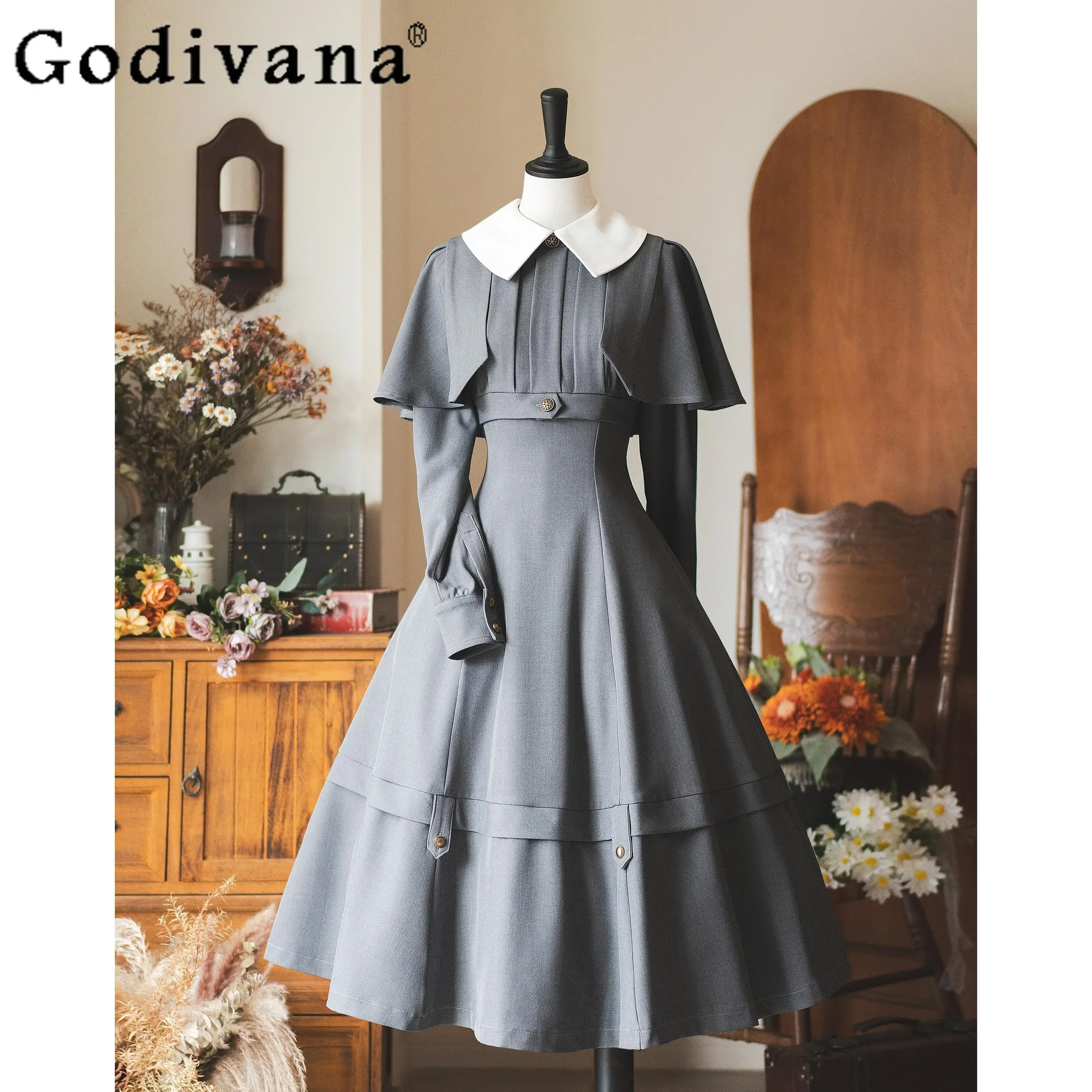 

Original Retro Ladies Elegant Classical Women's Autumn and Winter Long Sleeve Cape Dress Women's Solid Color Slim Long Dresses