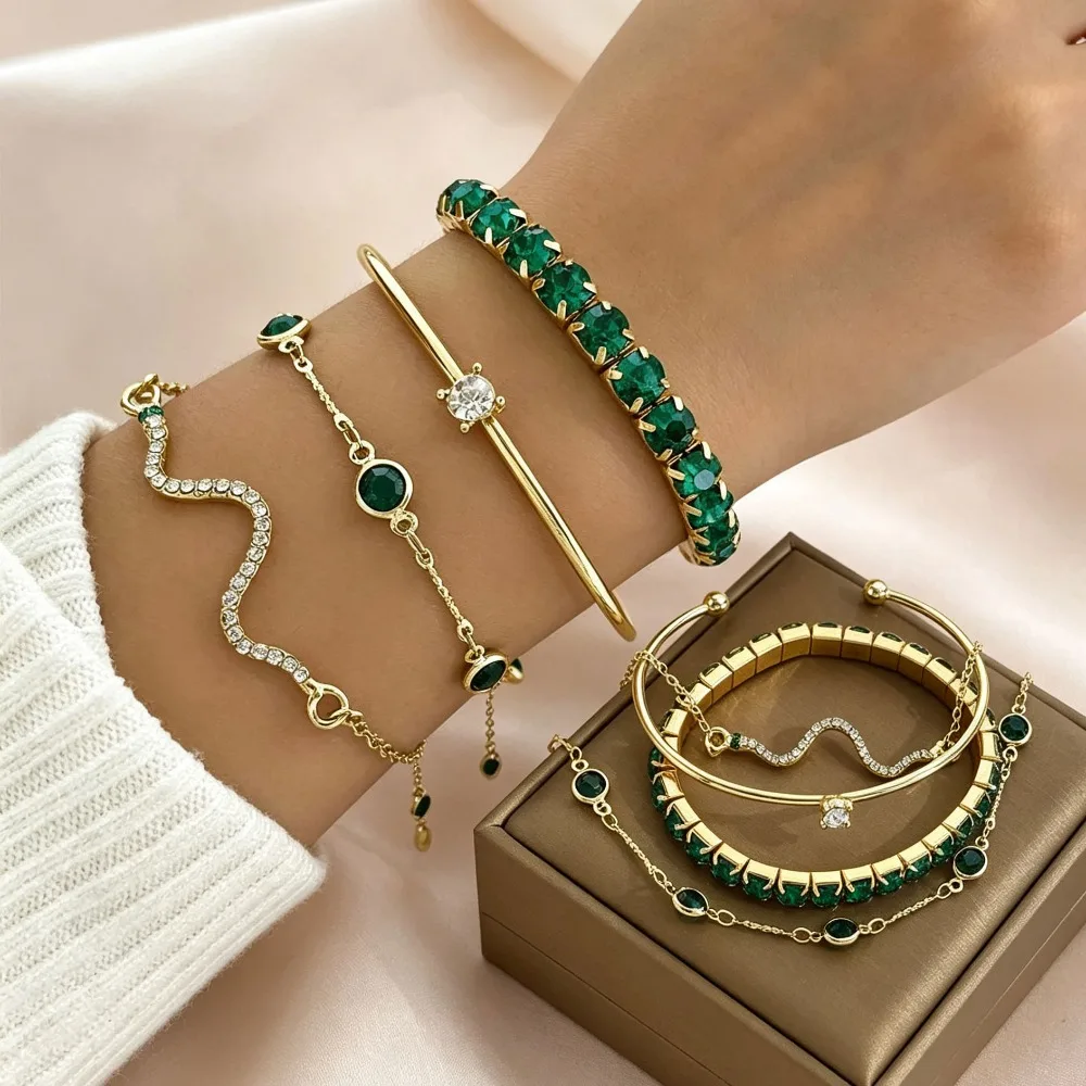 Geometric Square Green Crystal Snake Chain Bracelet Exquisite Trendy for Women Daily Use Use Gifts