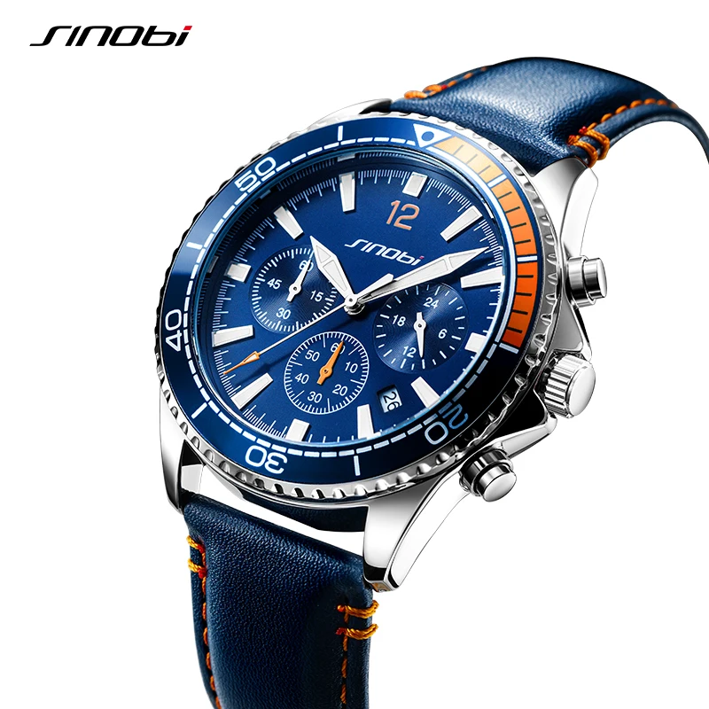 Sinobi Original New Design Men\'s Quartz Wristwatches Chronograph Man Leather Strap Watches Luminous Hands Males Clock Relojio