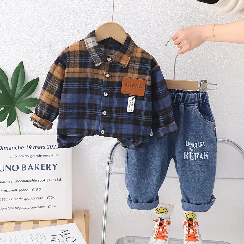 

2024 Spring Baby Outfits for Kids Plaid Turn-down Collar Long Sleeve T-shirts and Pants Casual Suit 18 Months Boy Clothing Sets