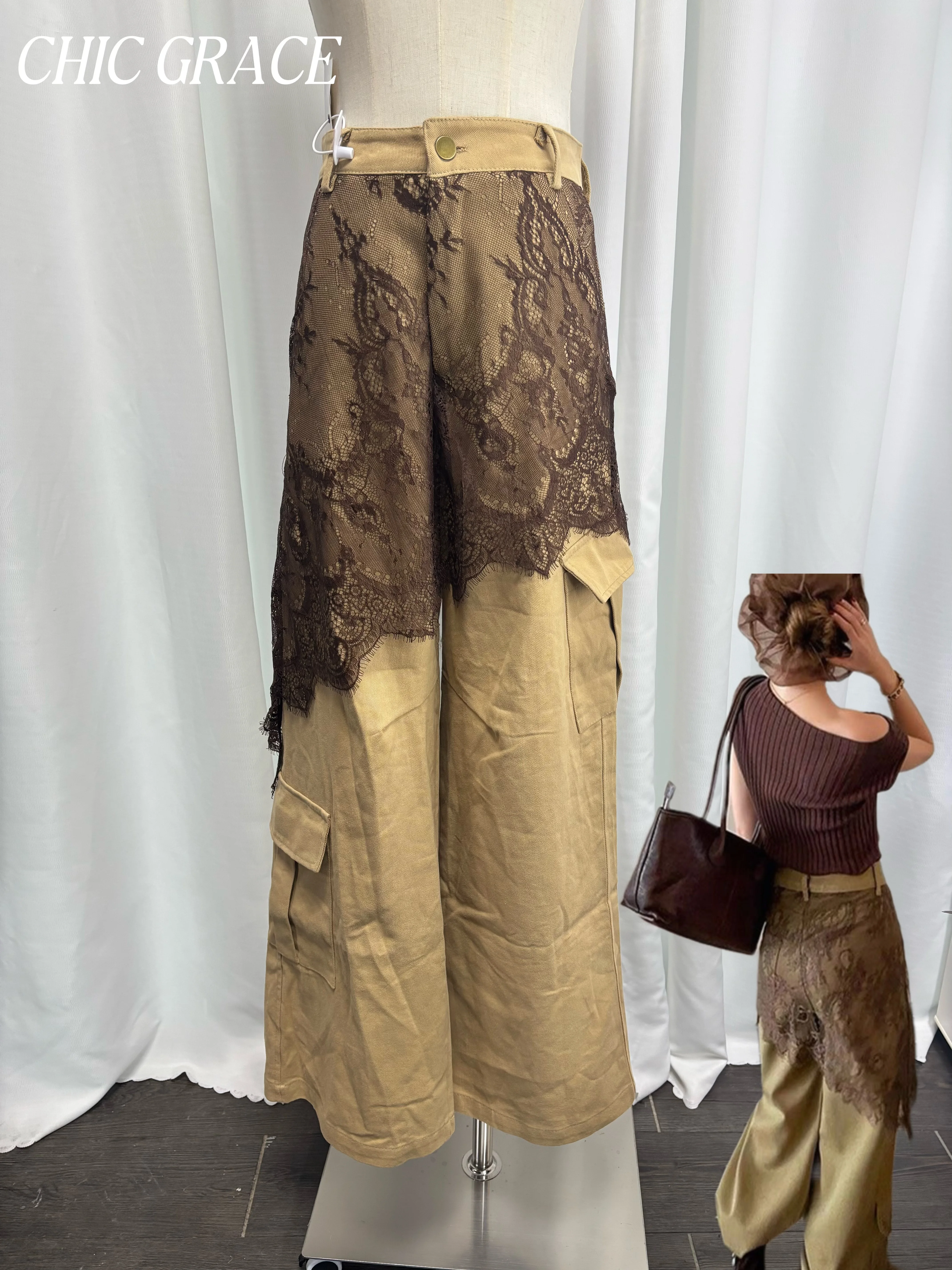 

Женские джинсы-карго Real Shot Vintage с кружевными вставками и высокой талией, широкие штанины, свободный крой, эффект похудения, дизайн из двух частей, осень-зима