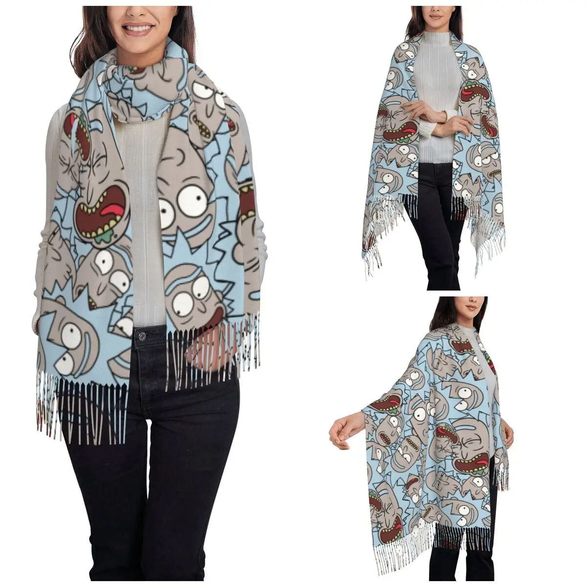 Ricks Moods-bufanda de Pashmina para mujer, chales grandes con borla, ligeros, de dibujos animados de Anime, para Otoño e Invierno