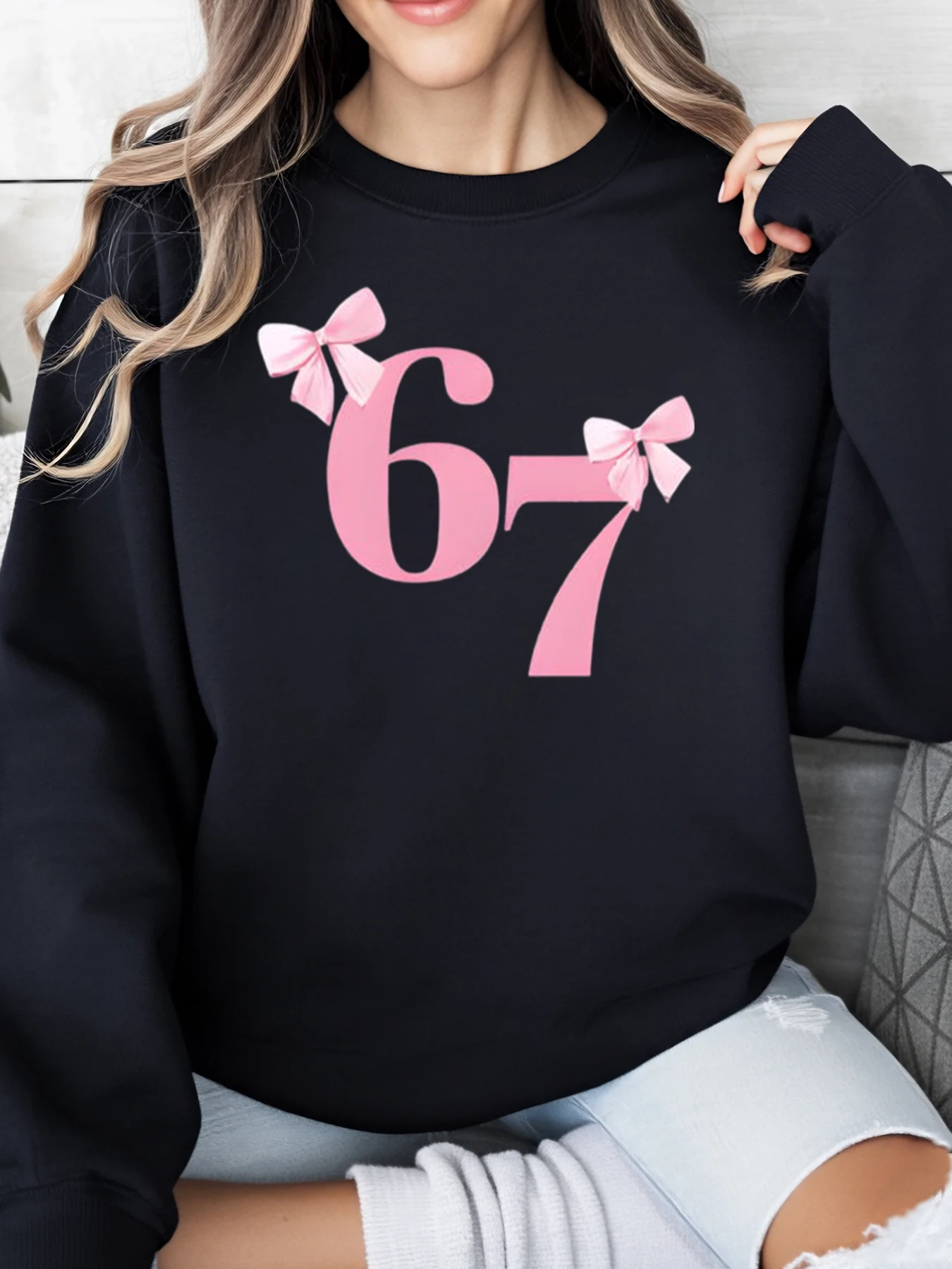 

Толстовка с розовым бантом 67, подарок на день рождения, женская повседневная одежда, черный, больших размеров