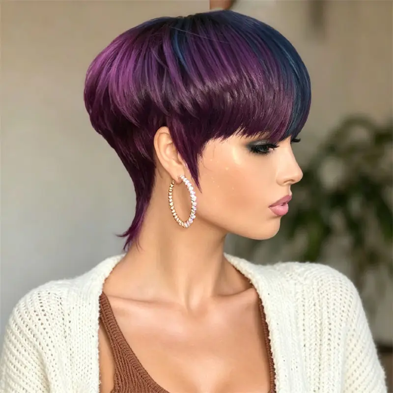 Mullet Wig Short Pixie Cut Human Hair Wig 1B Purple Full Machine Made With Bangs Comfort For Women Holiday Night Out Gatherings