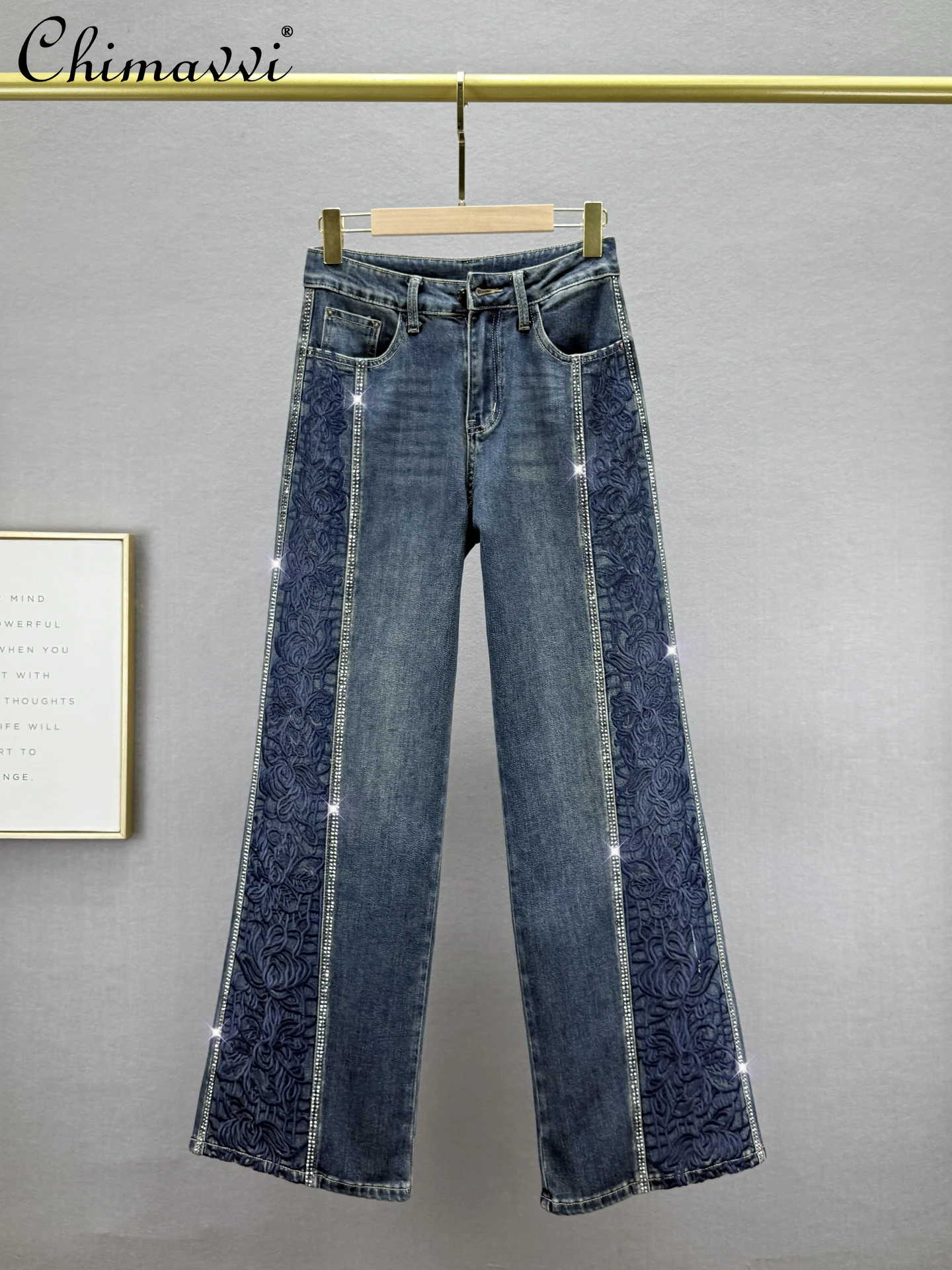 

Heavy Embroidery Rhinestone Denim Wide-Leg Pants for Women Autumn New Fashion High-Waisted Loose Slim Ethnic Style Long Pants