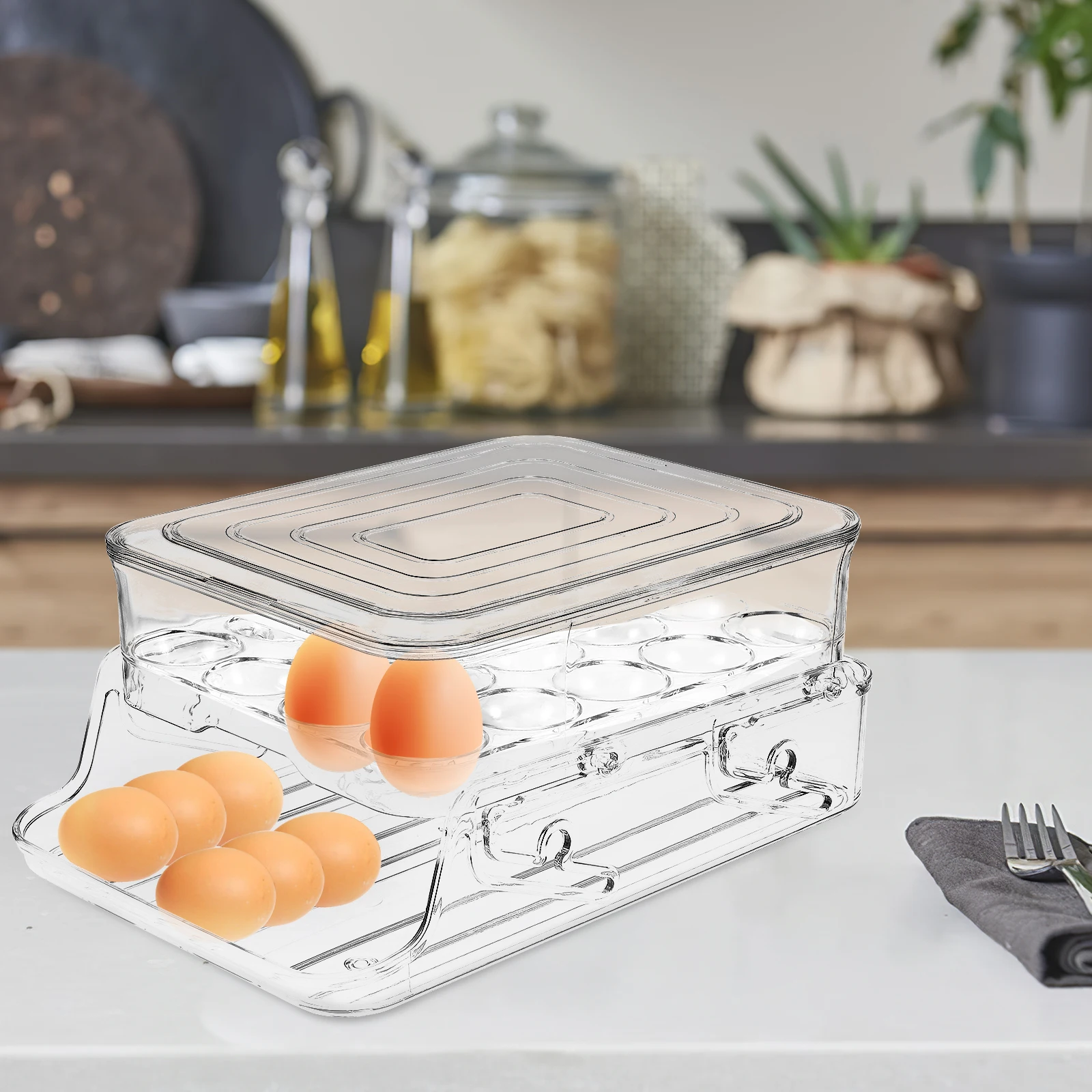 

2 Layer Transparent Egg Storage Box Refrigerator Holder Rolling Container Dispenser Auto Organizer Foldable Food Case For Duck
