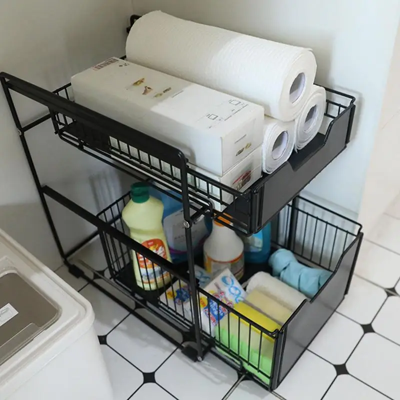 Multi-purpose 2 Tier Sliding Cabinet Basket Under Sink Organizer Storage Rack With Drawers For Home Bathroom Kitchen Accessories