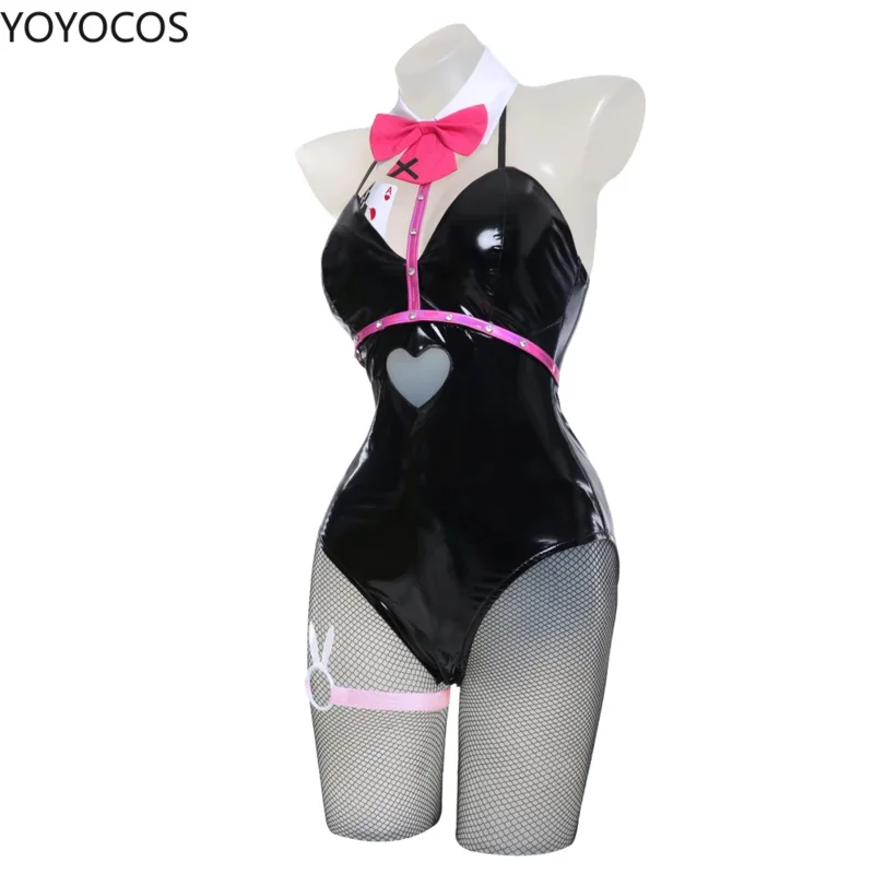 Qq38YOYOCOS Coelhinho de couro envernizado preto sexy fofo fantasia de Halloween cosplay roupas arcos menina