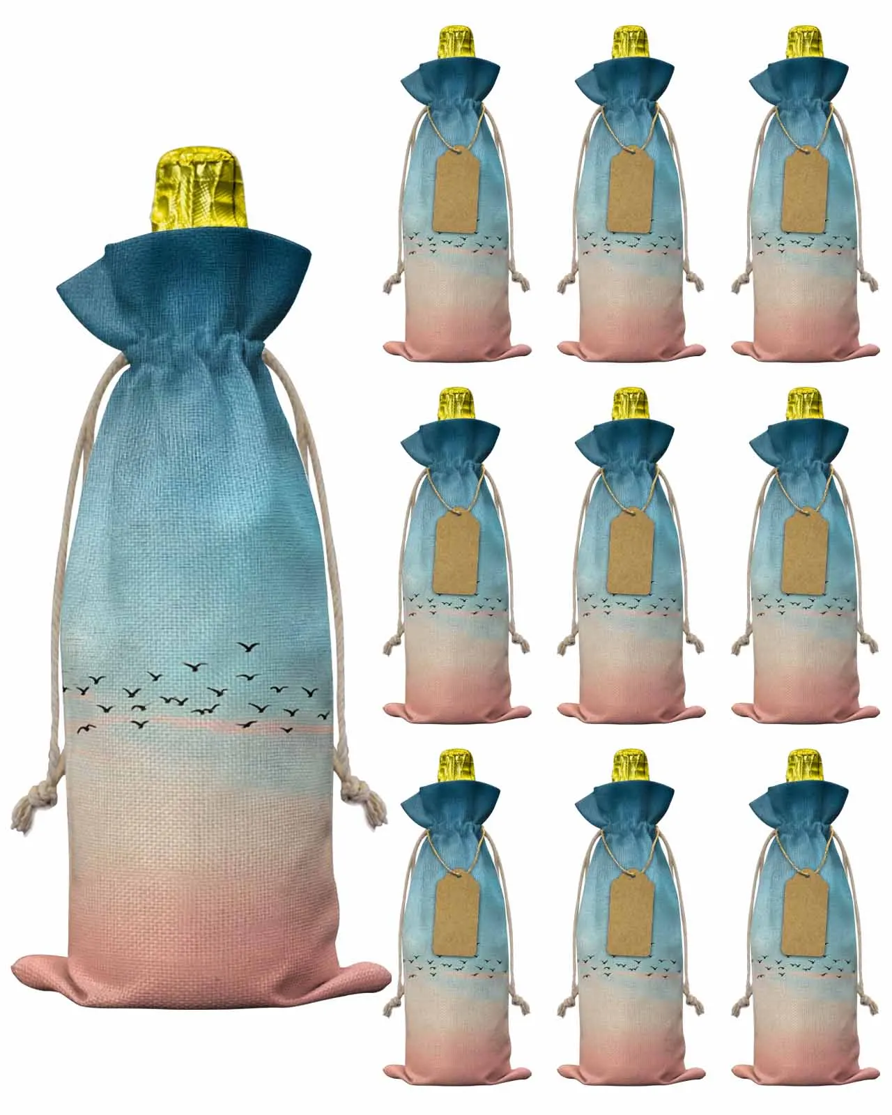 

10pcs Wine Bottle Covers Retro Sky Bird Gradient Nature Wine Holder Carrier Packaging Bag Wedding Party Decor Gift