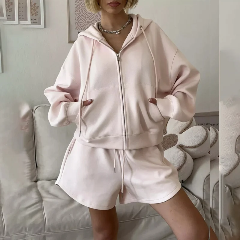

6 Colors Women Sportswear Top And orts Set Casual Two-Piece Suit Long Sve Hooded Zipper Closure Summer Autumn Collection