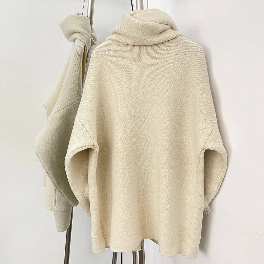 Oftbuy camisola feminina oversize casaco de malha jaqueta de pele de raposa real com pele de malha solta ajuste bolsos roupas femininas cardigan feminino