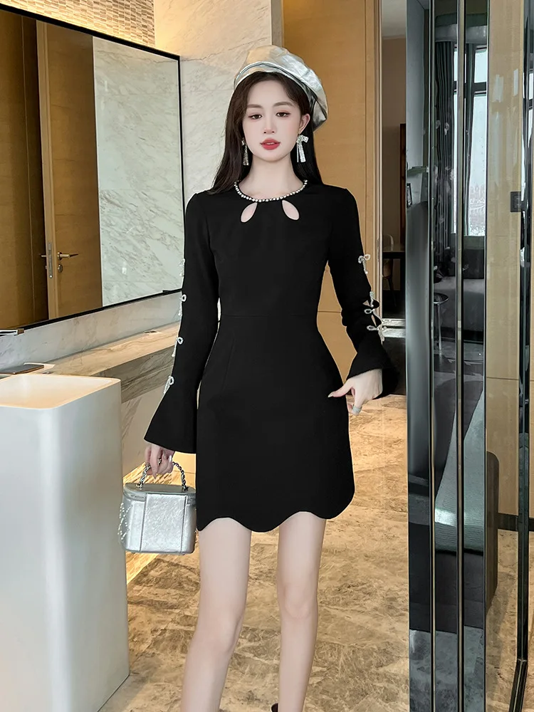 Thousand Gold Style Black Dress for Women, New Ladylike Elegant, Heavy Industry Diamond-Encrusted A-Line Little Black Skirt