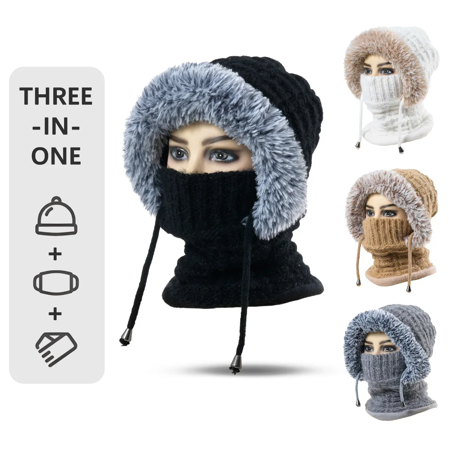 

New Women Winter Knitted Woolen Balaclava Hat Ear Protection Mask Neck Integrated Warmth Cover Hat Outdoor Hike Cycling Cap