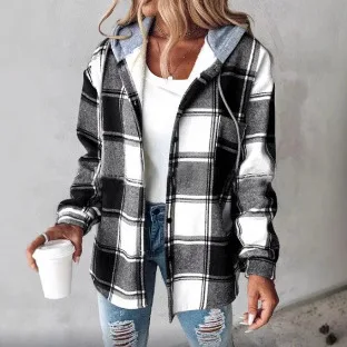 Women's Large Plaid Style Womens Jacket With Hooded Plaid Autumn And Winter Casual Loose Black White Plaid Coat Button Fall Top