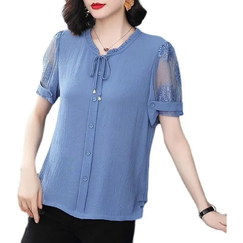 Elegant Bow Buttons Lace Patchwork Solid Chiffon Shirt Summer 2023 New O-Neck Short Sleeve Loose Blouse Women Oversized Clothing