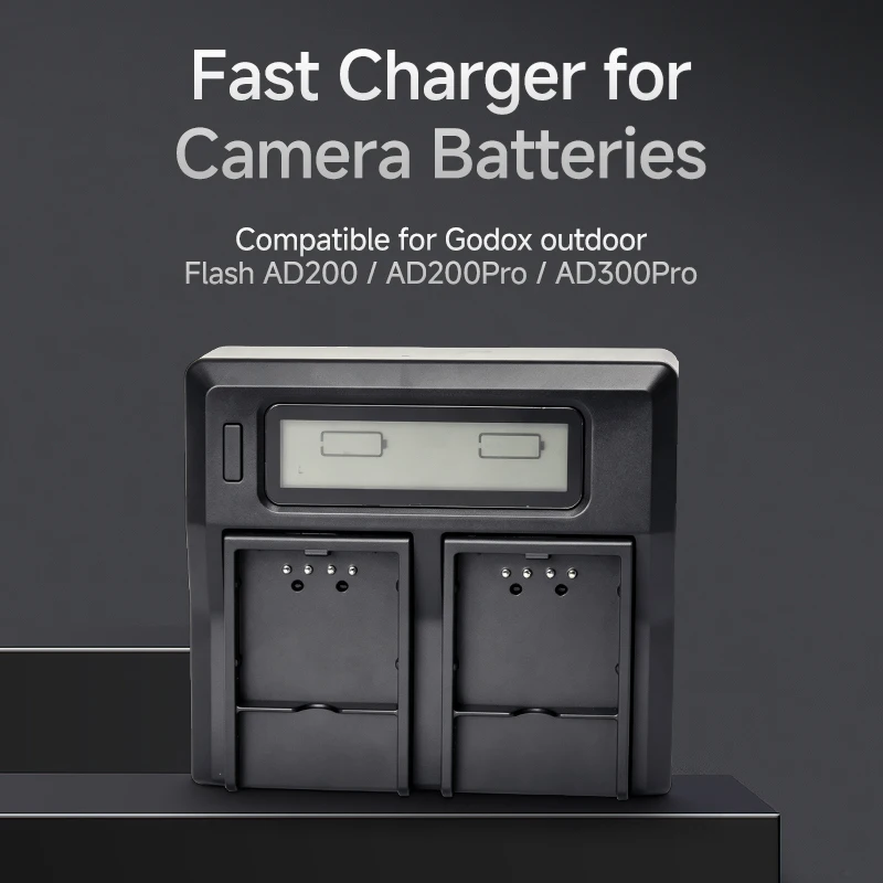 Dual Charger For Godox AD200 AD200Pro AD300Pro Flash Battery With USB Output Car Charging Dual LCD Display Battery Charger