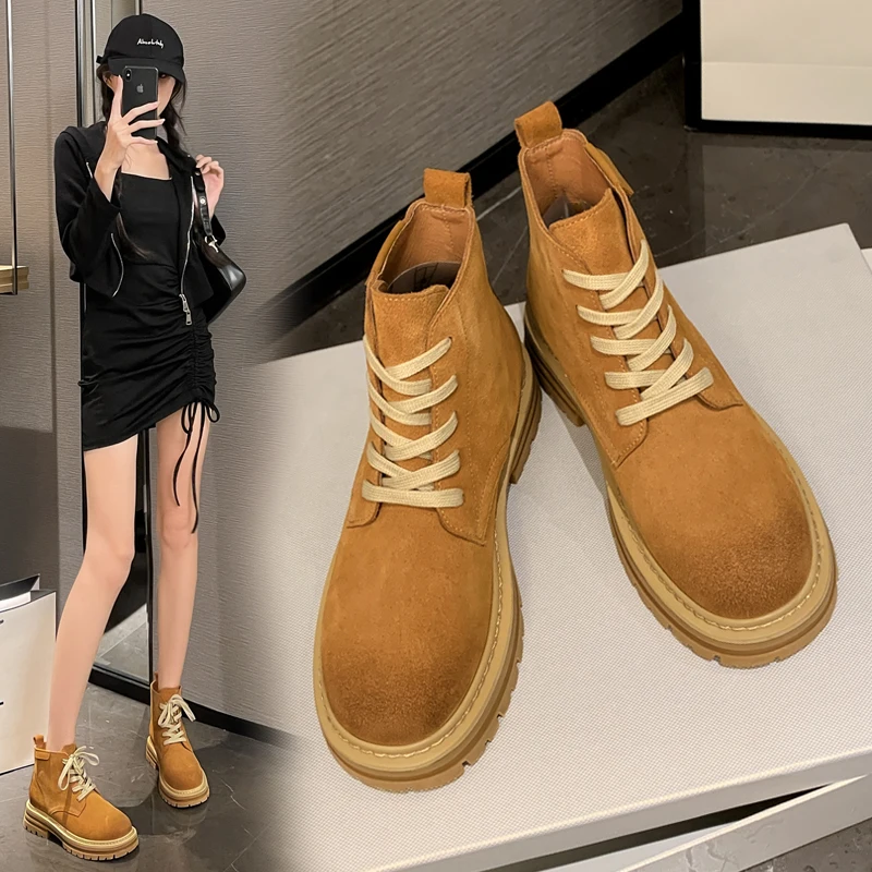 

Big Yellow Boots Women 2023 New Spring And Autumn Genuine Leather Thick Soles Height Increasing Nubuck Retro Ankle Boots Summer