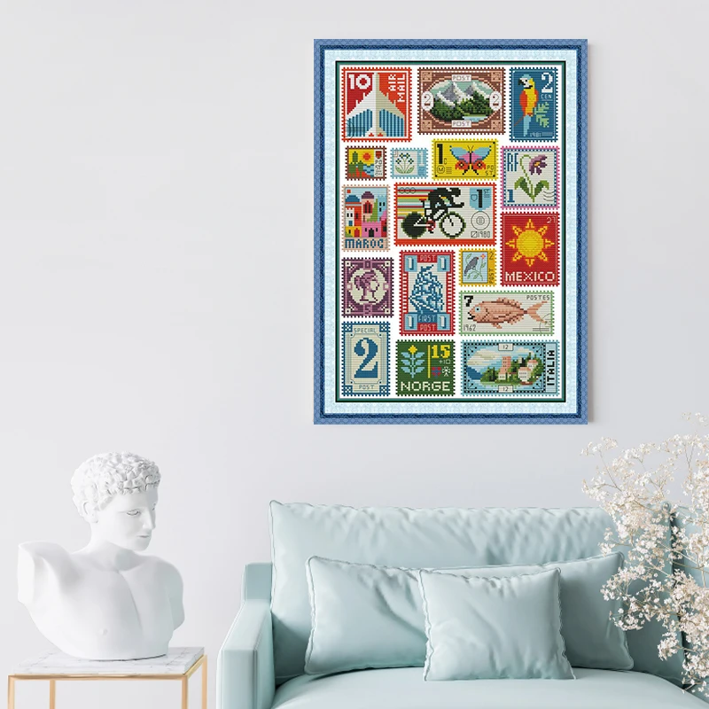 

Small Stamp Collection Printing Cross Stitch, Embroidery Set, Handmade,11CT/16CT/14CT Cross Stitch Kits, Decorative Ornament.