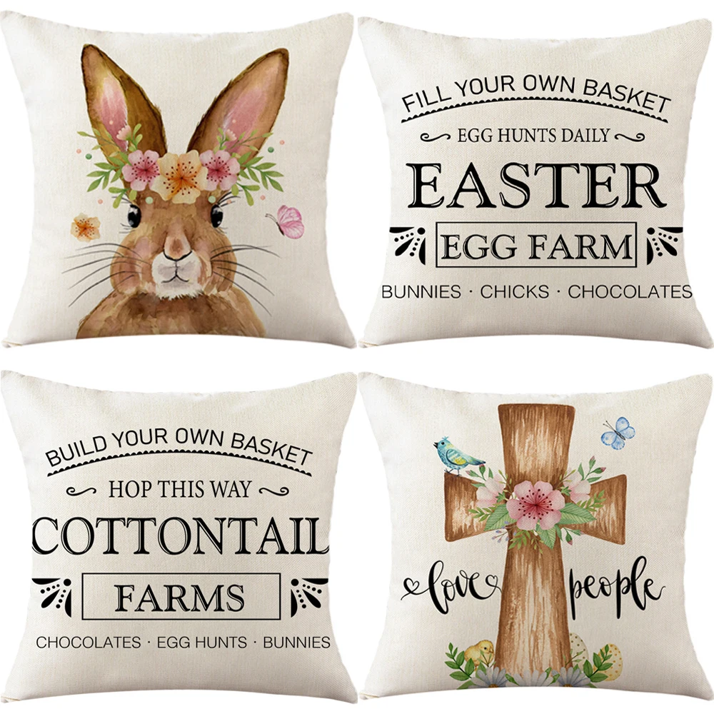 

2023 Easter Bunny Pillow Cover 18x18 Inch Linen Pillowcase Easter Decorations Double-Sided Print Pillows Cushion Cover for Sofa