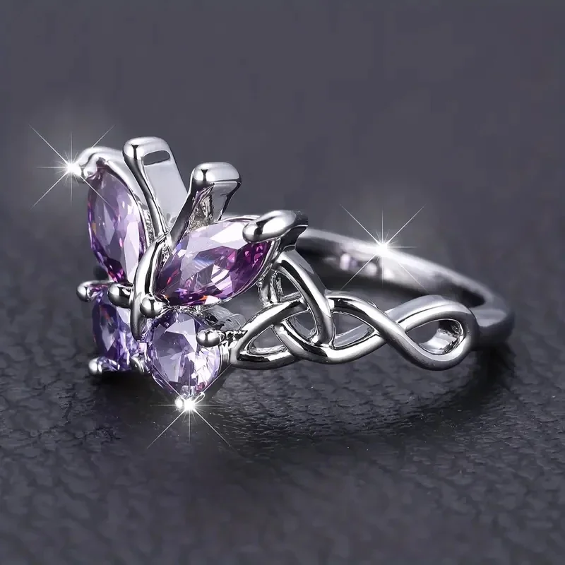 Huitan رومانسية الأرجواني فراشة خواتم للنساء الساحرة الأرجواني مكعب زركونيا الجمالية الإناث خواتم مجوهرات الأزياء الطرف #4