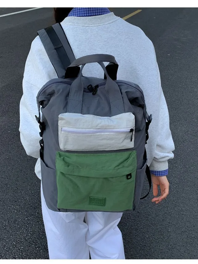 Color Block Backpack Dual Use Handheld Wear Resistant Fabric Large Capacity Multi Compartment Rucksack For Teenagers School