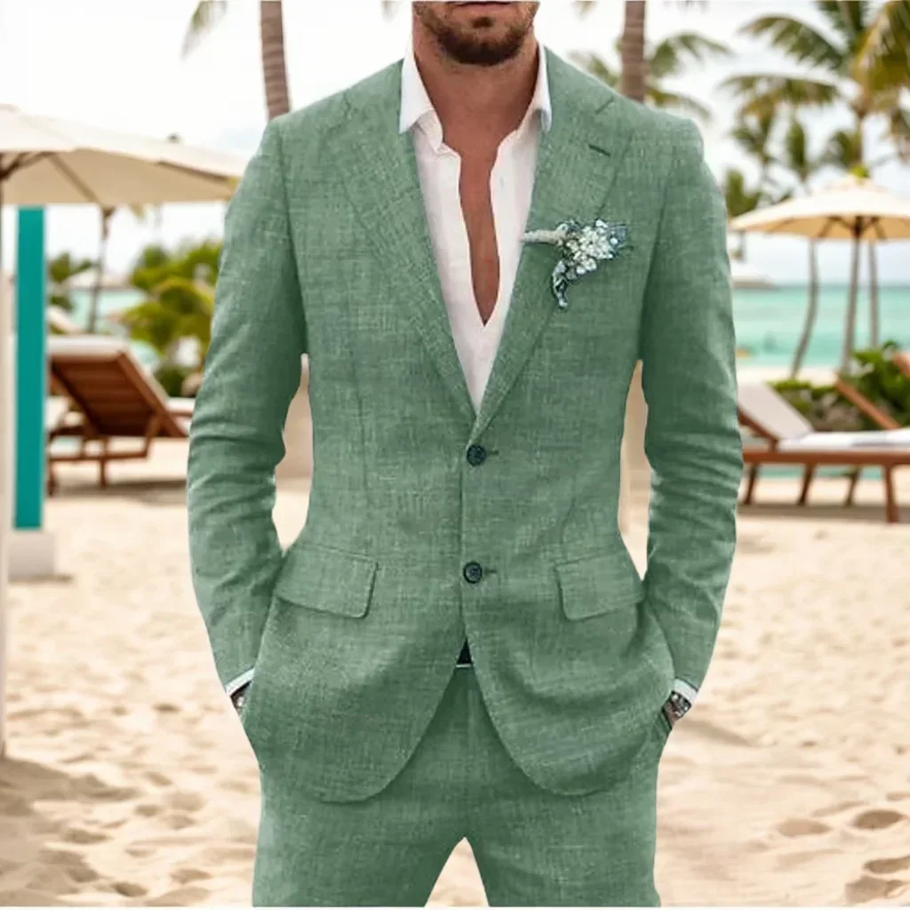 

Men's Casual Linen Suit 2-Piece Blazer Pant Set Slim Fit Summer Beach Party Wedding Prom Groom Tuxedo Notched Lapel