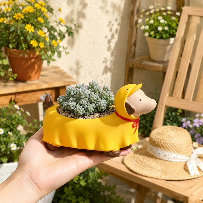 Hooded Dachshund Dog Succulent Planter Resin Animal Flower Pot Mini Plant Pot Desktop Balcony Home Garden Decor Plant Lover Gift