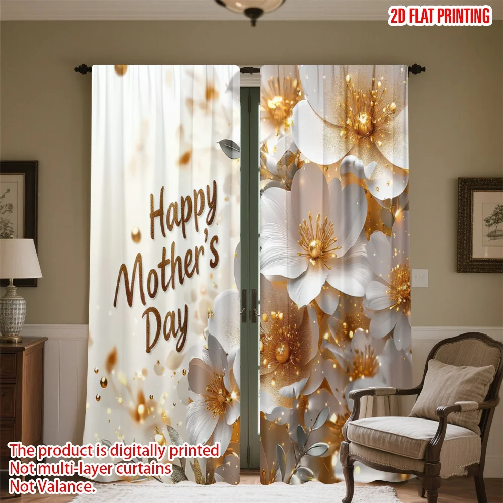 

2D flat printing 2pcs Party Curtains Mother's Day Golden Flowers Digital Printed Polyester Drapes Seasonal Party & Holiday Decor