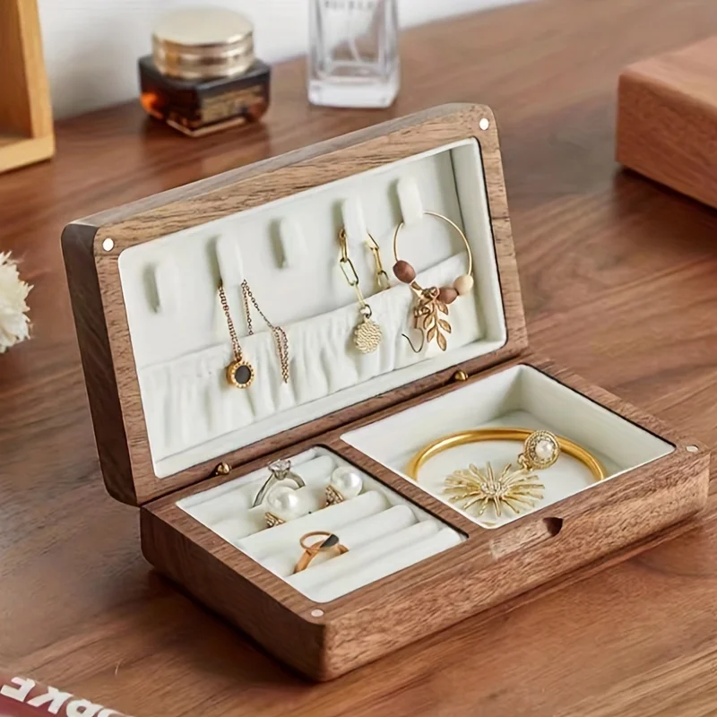 

High-end solid wood jewelry box Black walnut wood retro small thin portable gold jewelry ring storage box, Jewelry Boxes