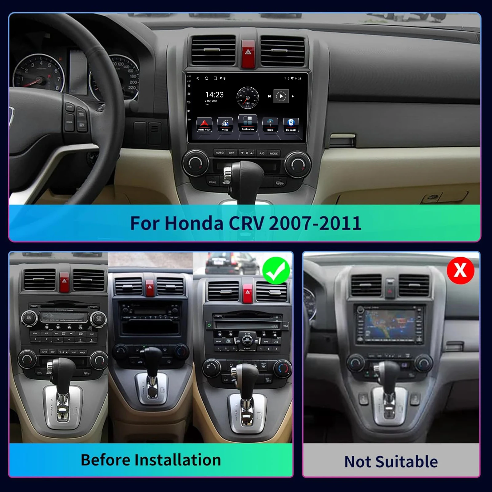 4 + 64G pour Honda CR-V CRV 2007-2011 Android14 Carplay 9 "autoradio WiFi BT USB GPS Navigation IPS écran tactile FM/RDS SWC