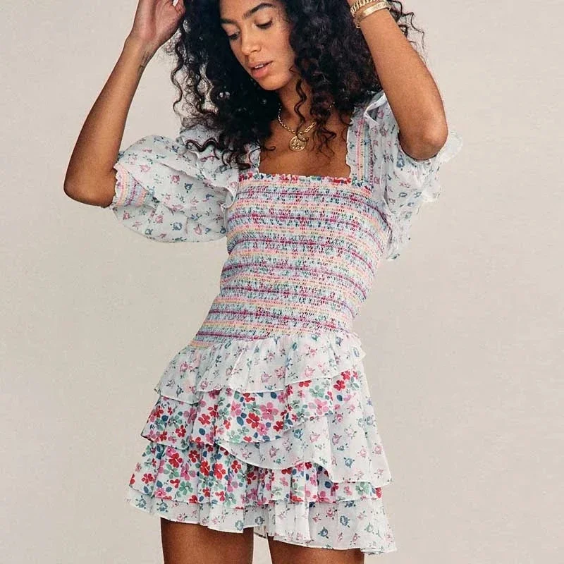 2023 Summer Mixed Floral Prints Ruffled Holiday Dress Square Neck Smocked Sexy Laides Dress Mini Dress