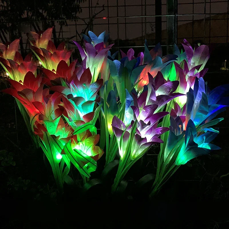 4 Heads Lily Garden Solar Light Night Light Outdoor Waterproof Lamp Artificial Flower Lights Grassland Wedding Home Decoration