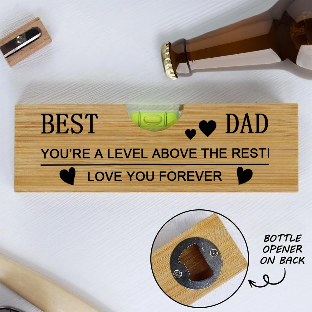 A bamboo spirit level bottle opener, a solid wood corkscrew gift for Dad on Father's Day or his birthday.