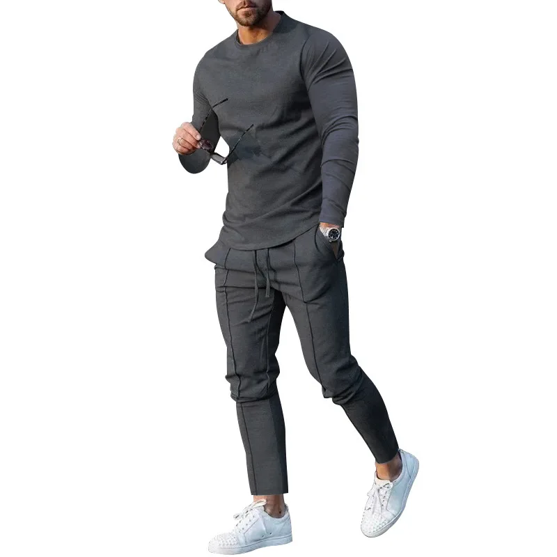 2024 spring two-piece set crew neck long-sleeved t-shirt trousers solid color casual men\'s suit