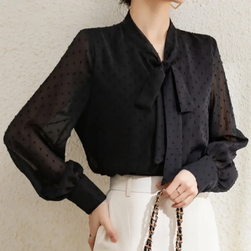 

Spring Autumn Vintage Polka Dots Women's Blouse 2025 New Black Long Sleeve Korean Casual Loose Bow Shirts Female