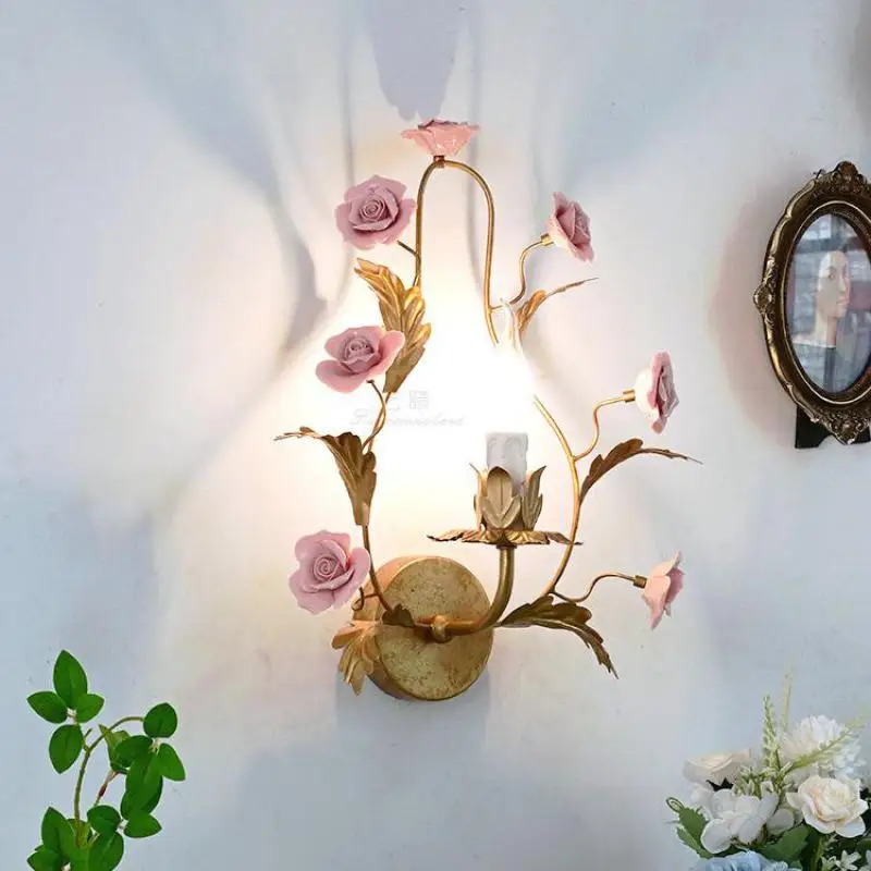 Children Pink floral Wall Lamp Ceramic Garden Lighting Porch E14 Led Wall Light Girl Room Living Room Wedding Deco Wall Fixtures