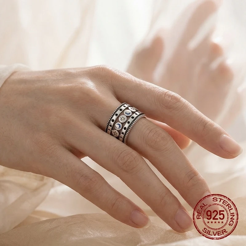 925 Sterling Silver Moon Star Spinner Ring Triple Layer Open Wide Band Adjustable Ring for Women Anxiety Relief Jewelry Gifts