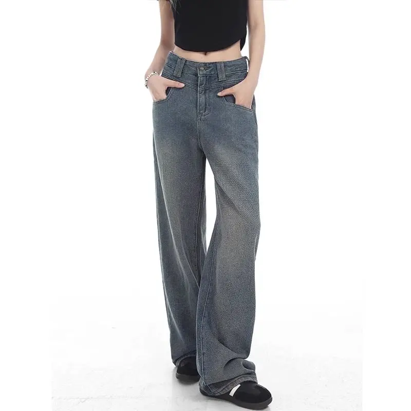 กางเกงยีนส์ผู้หญิงลายดาวสไตล์อเมริกันย้อนยุค ทรงตรงหลวม ช่วยพรางหุ่น สำหรับฤดูใบไม้ผลิและฤดูใบไม้ร่วง รุ่น Fce Lined Thiened