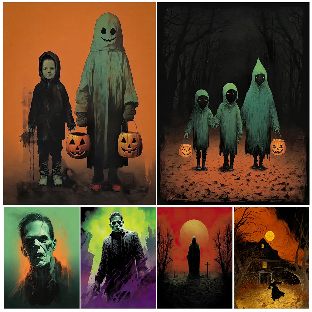 Halloween Witch,Undead,Trick-or-treaters,Abstract Wall Art Canvas Painting,Funny Halloween Illustration Art Poster Print Decor