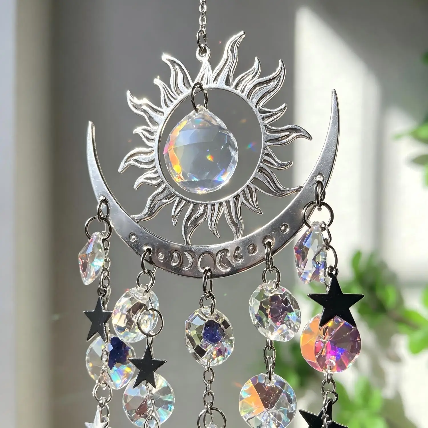 Crystal Suncatcher Window Decor - Sun Moon Hanging Rainbow Maker, Boho Room Decor, Unique Gift for Home Lovers
