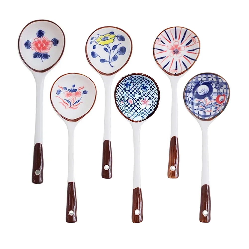 6 cucharas de sopa de cerámica, cucharas de mesa, cucharas para agitar café, cucharas creativas pintadas a mano para cereales, wonton y dumplings