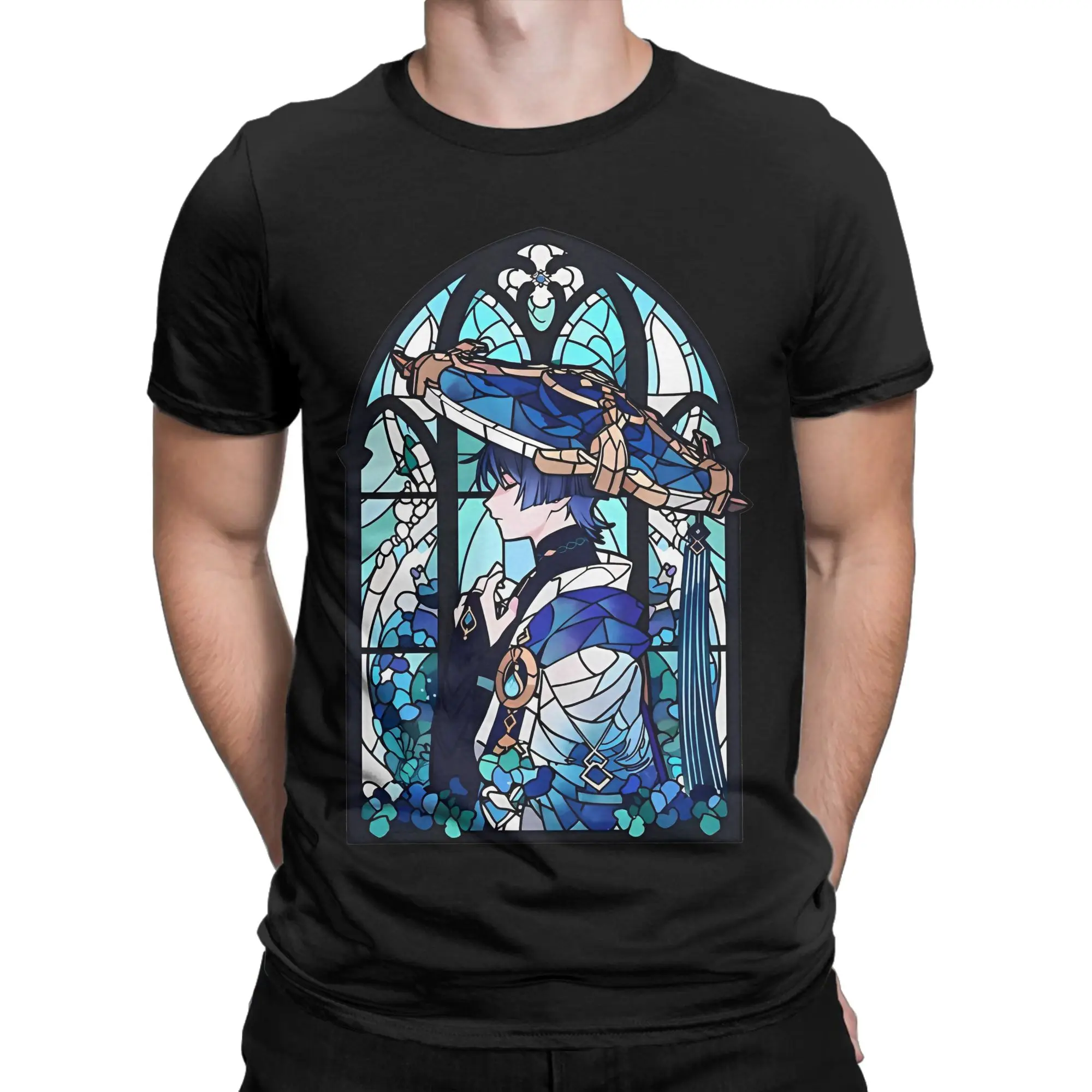 Men Women Stained Glass Wanderer cat T Shirt Genshin Impact Pure Cotton Tops Casual   Crew Neck Tees Plus Size T-Shirts