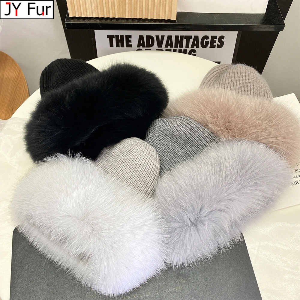 

New Stylish Beanie Hats for Women Winter Warm Fluffy Bone Cap Soft Outdoor Thick Natural Fox Fur Hat Female Dome Hats