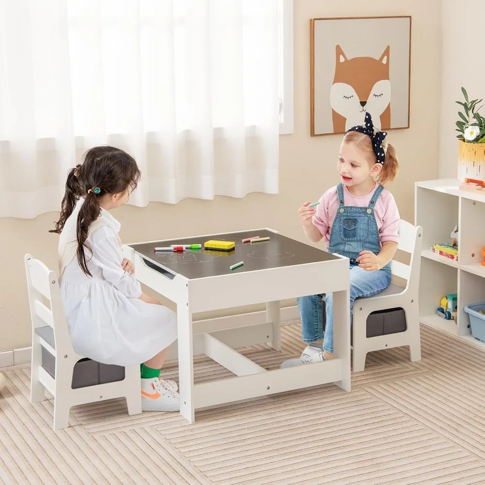 HONEY JOY-Juego de mesa y silla para niños, 3 en 1, mesa de actividades de madera para niños y 2 sillas para manualidades artísticas, cajón de almacenamiento y caja