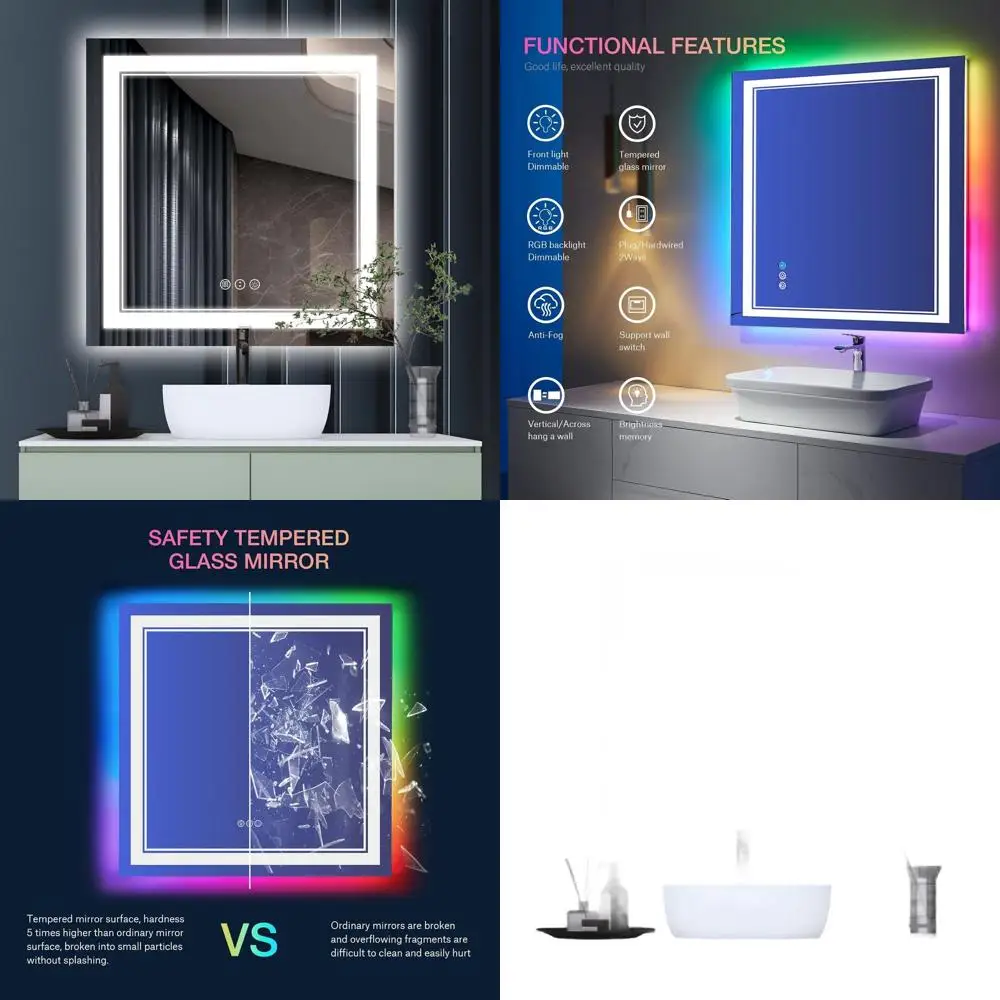 

Wall-Mounted LED Illuminated Bathroom Mirror, Front & RGB Backlit, Tempered Glass, Dimmable, Anti-Fog, Square